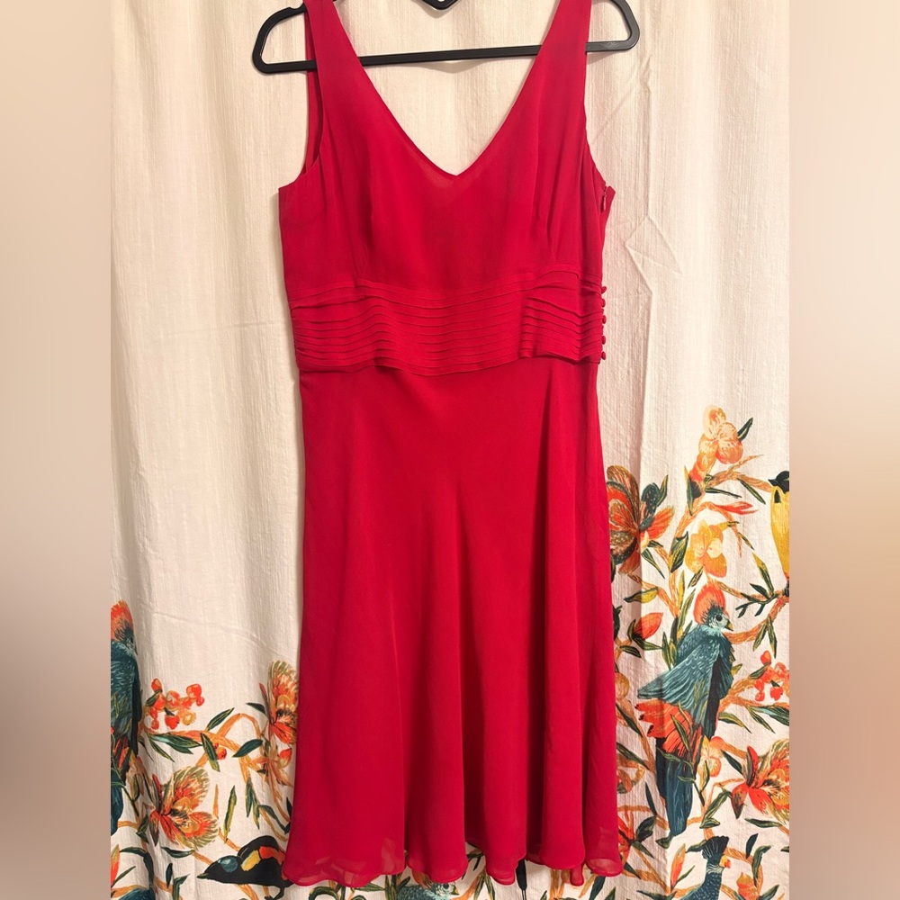 Ann Taylor 100% Silk Red V-Neck Midi Dress with Pleated Waist
